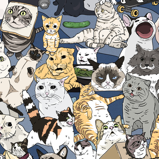 Cats of the Internet Collage Overshirt — close-up detail showing hand-collaged internet cat references including Grumpy Cat, Business Cat and more