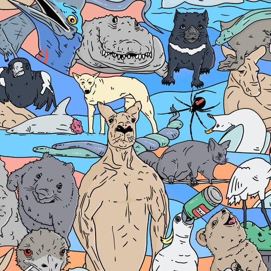 Meanwhile in Australia hand-drawn Collage Overshirt detail zoom in.