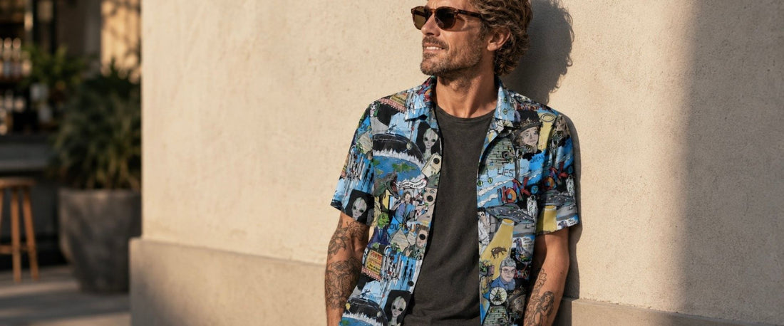 Absurdity Club Collage Overshirt worn open over a plain tee — the Humour Layer
