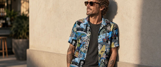 Absurdity Club Collage Overshirt worn open over a plain tee — the Humour Layer