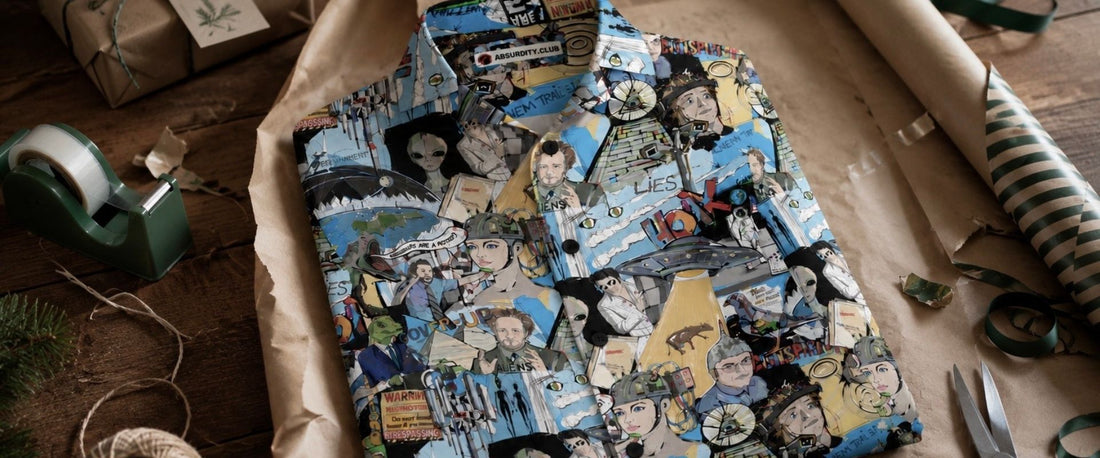 Absurdity Club Collage Overshirt — a considered gift alternative to a novelty shirt