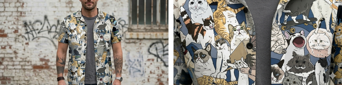 Absurdity Club collage overshirt — street-distance view versus           close-up showing layered internet culture references