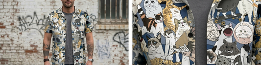 Absurdity Club collage overshirt — street-distance view versus           close-up showing layered internet culture references