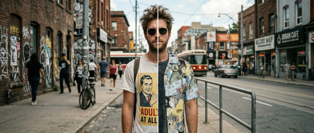 Generic meme T-shirt vs Collage Overshirt