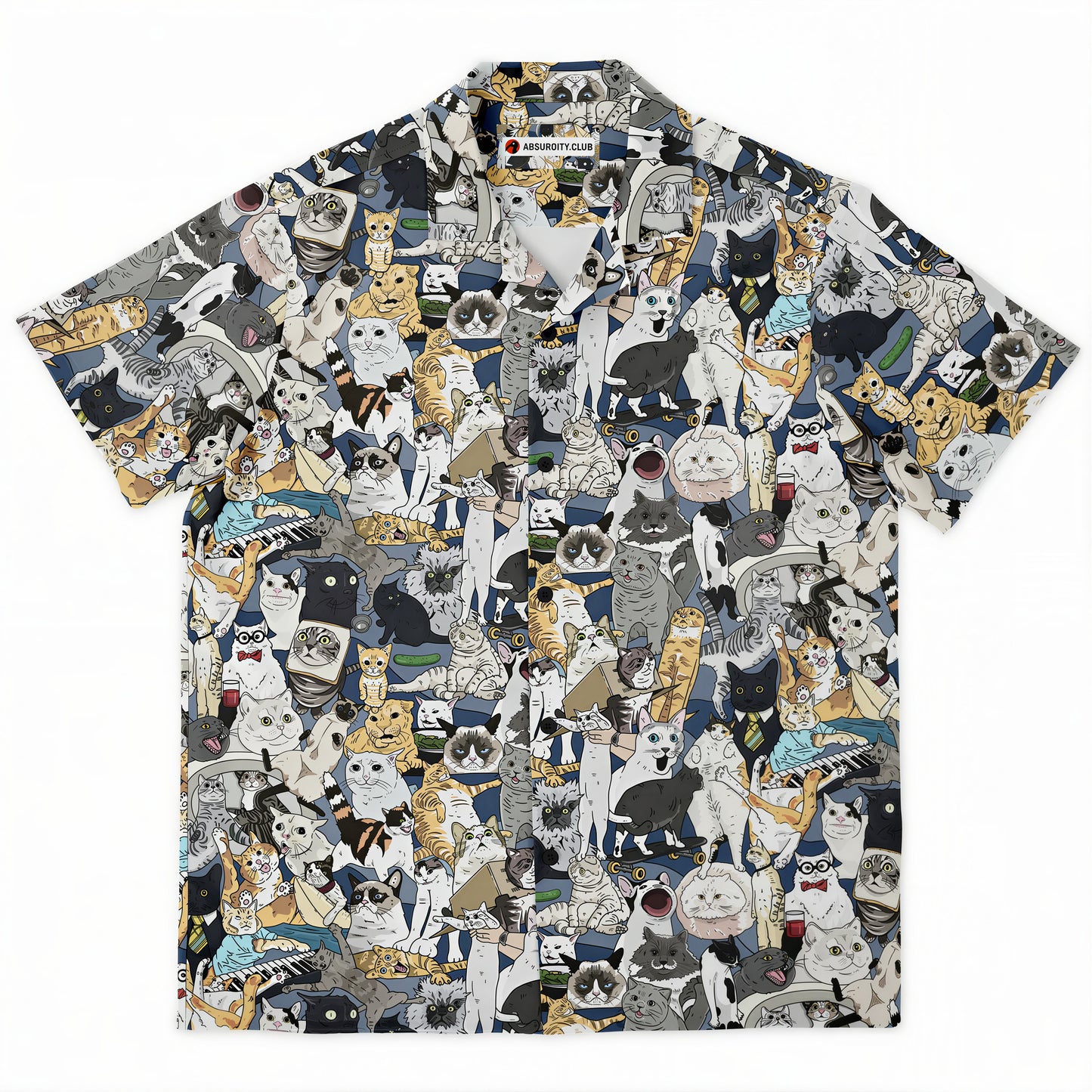 Cats of the Internet Collage Overshirt by Absurdity Club — flat lay front, 50+ hand-collaged internet cat references