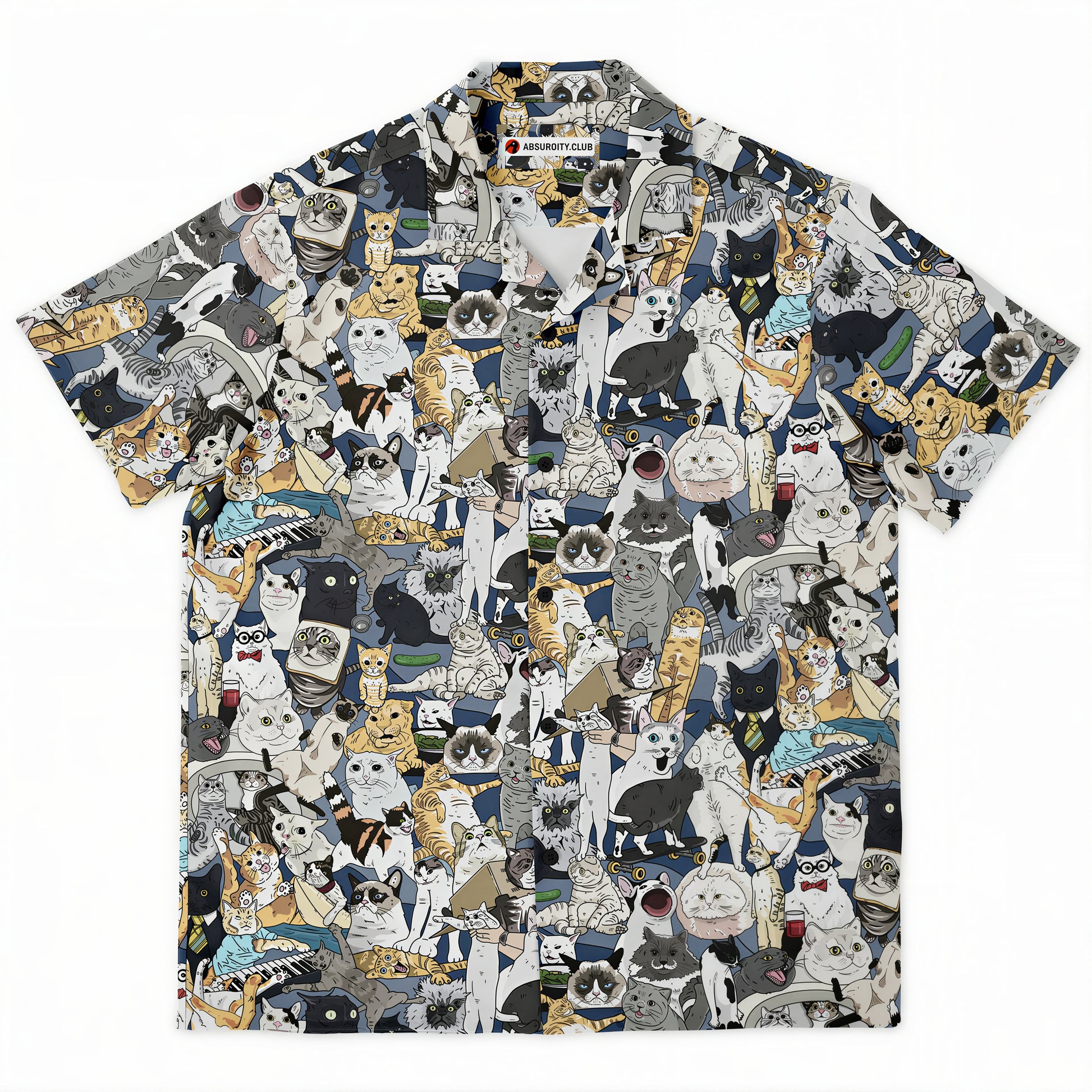 Cats of the Internet Collage Overshirt by Absurdity Club — flat lay front, 50+ hand-collaged internet cat references