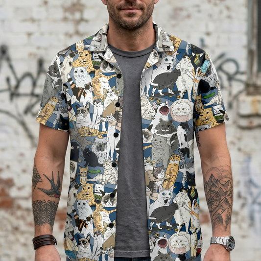 Absurdity Club Cats of the Internet Collage Overshirt — worn open over a plain tee, front facing