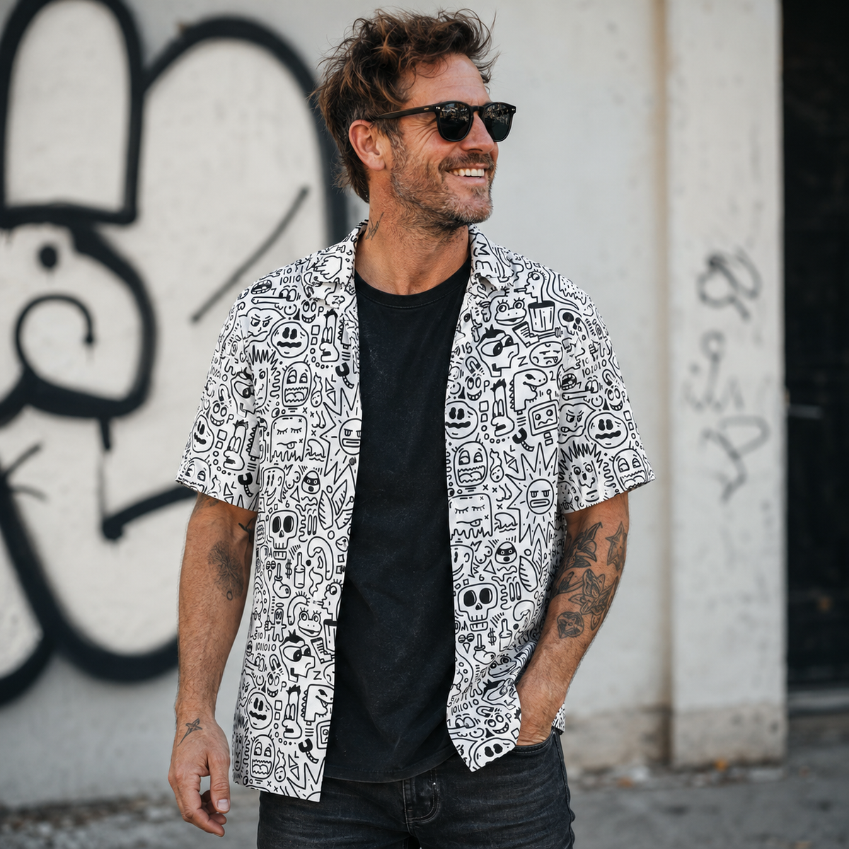 Hard lines soft morals Collage Overshirt worn open over a plain tee