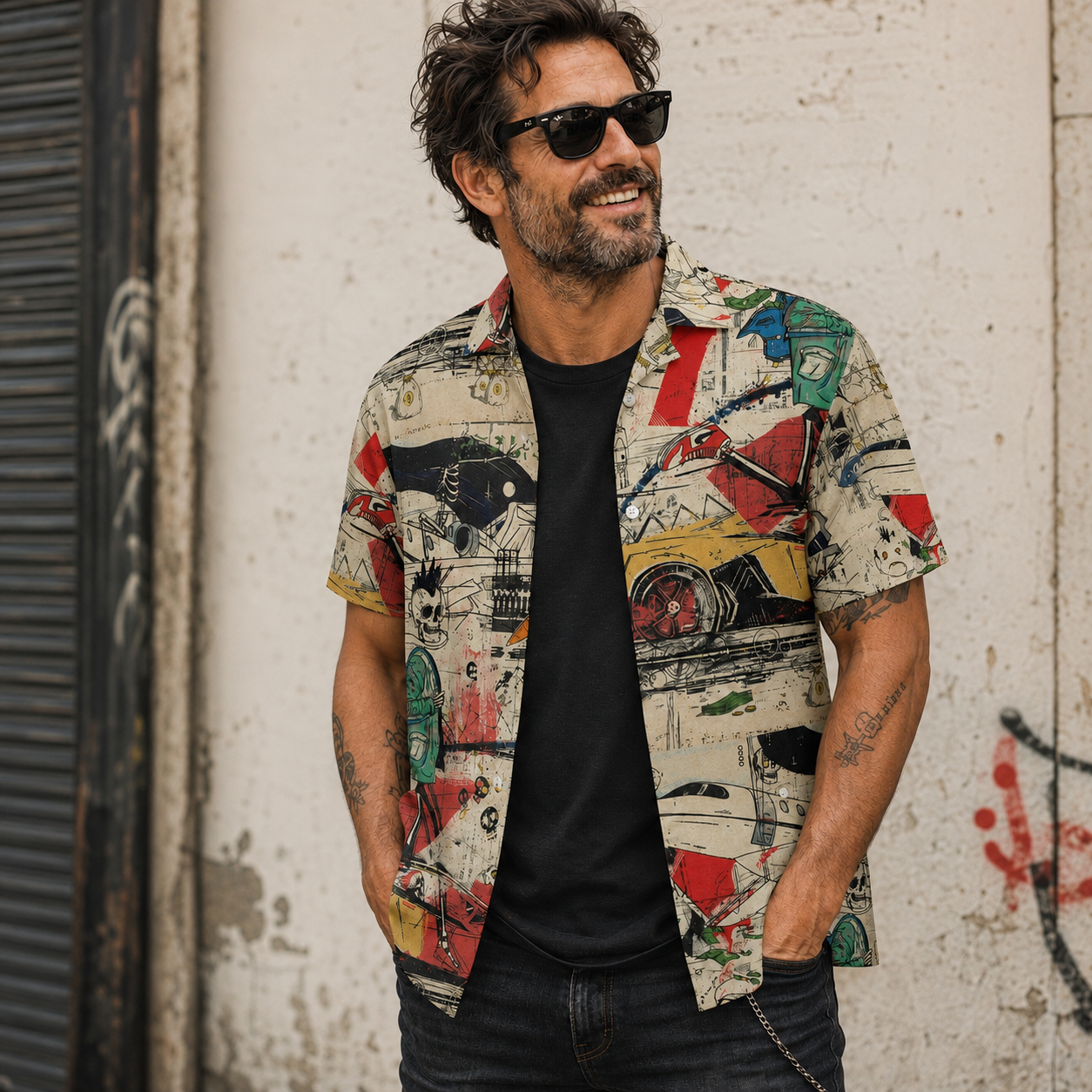 Hedonic Treadmill Collage Overshirt worn open over a plain tee