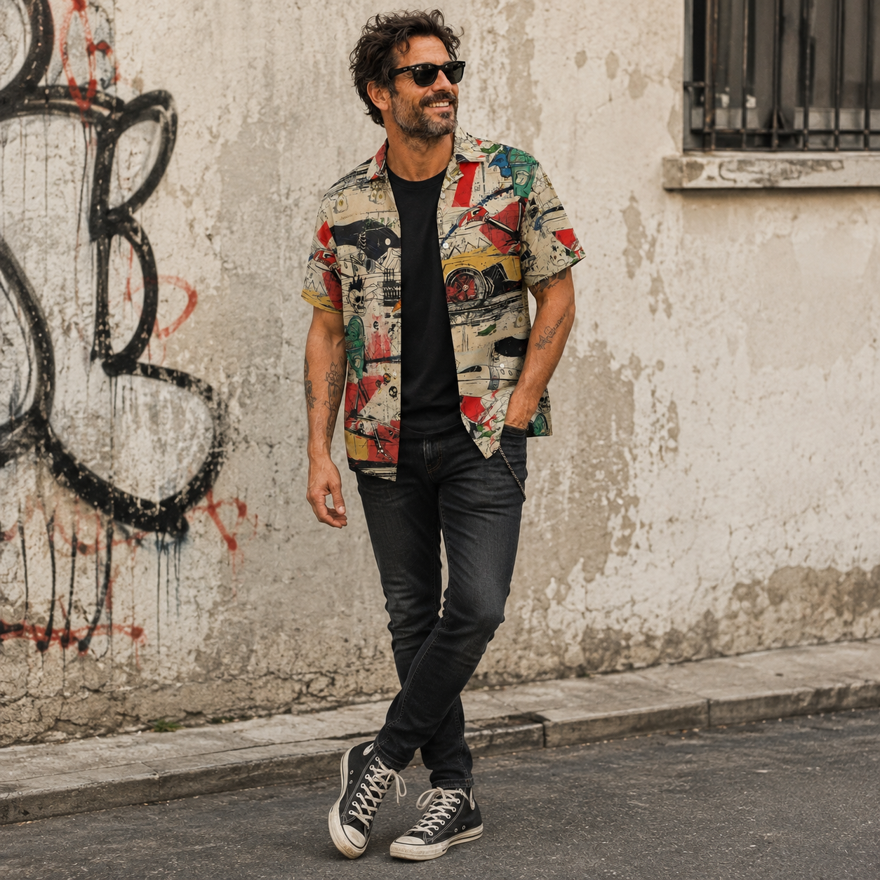 Hedonic Treadmill Collage Overshirt worn open over a plain tee