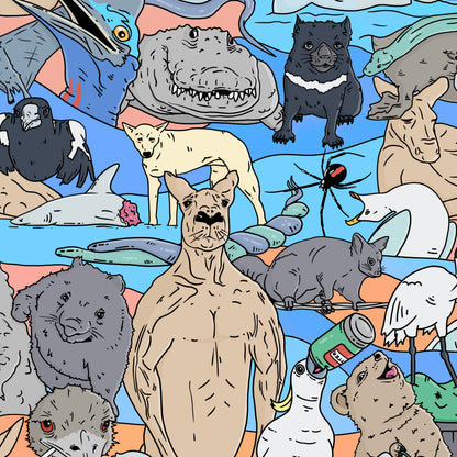 Meanwhile in Australia hand-drawn Collage Overshirt detail zoom in.