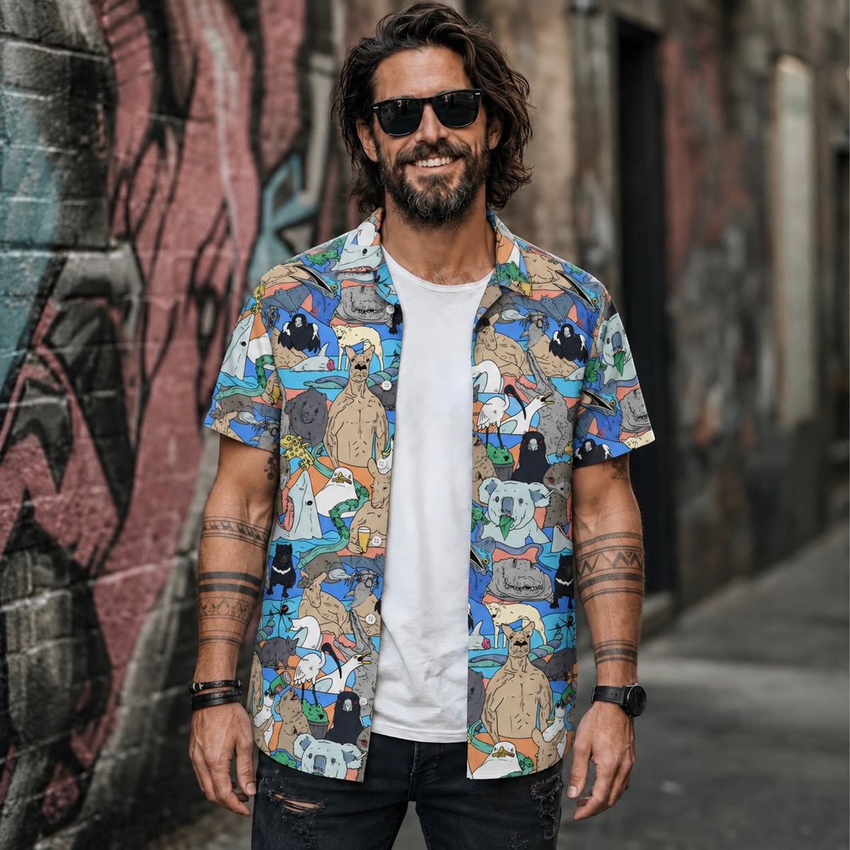 Meanwhile in Australia Collage Overshirt worn open over a plain tee