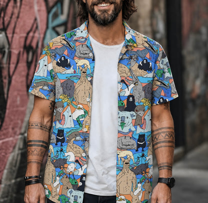 Meanwhile in Australia Collage Overshirt worn open over a plain tee