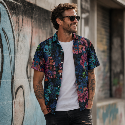 Midnight Mayhem Collage Overshirt worn open over a plain tee