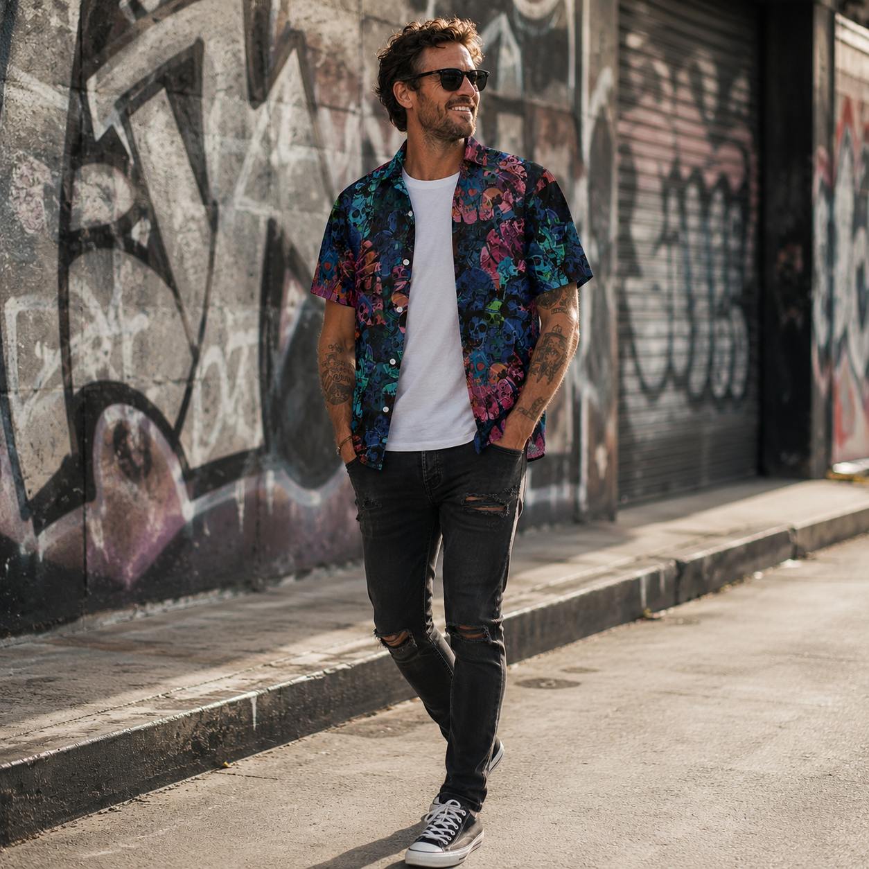 Midnight Mayhem Collage Overshirt worn open over a plain tee