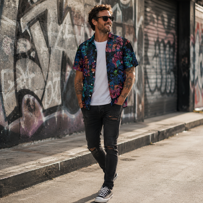 Midnight Mayhem Collage Overshirt worn open over a plain tee